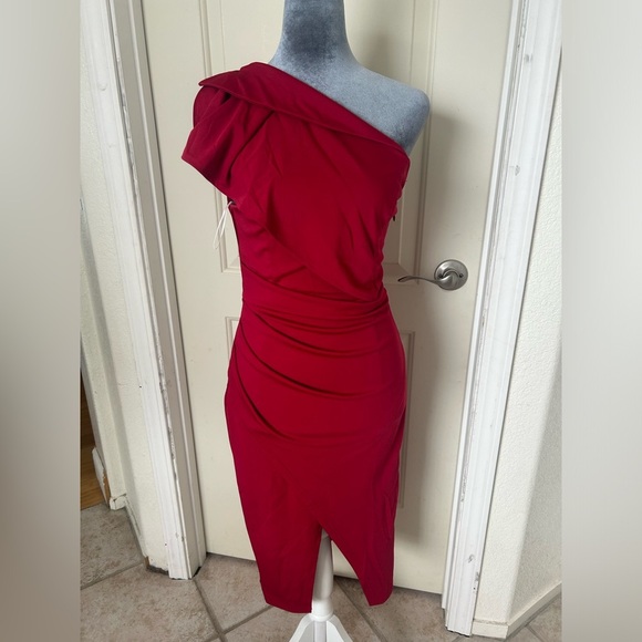 Cocktail Party Dress One Shoulder Ruffled Ruched Slit Bodycon Fomal Midi size S - Picture 1 of 9